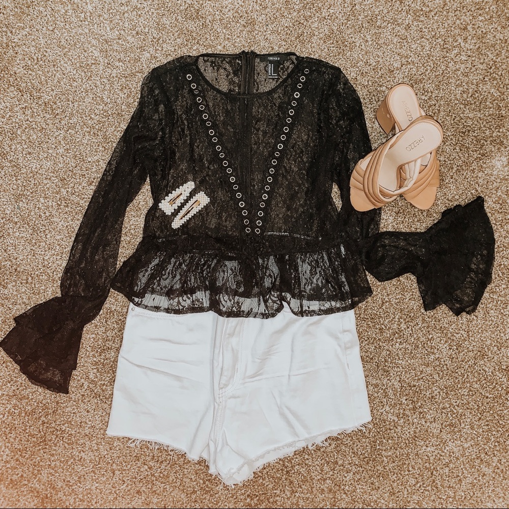 Black Long-Sleeve Lace Top with Ruffle Sleeves